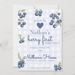 Berry First 1. Geburtstag Blaubeer Gingham Einladung