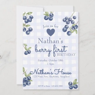 Berry First 1. Geburtstag Blaubeer Gingham Einladung