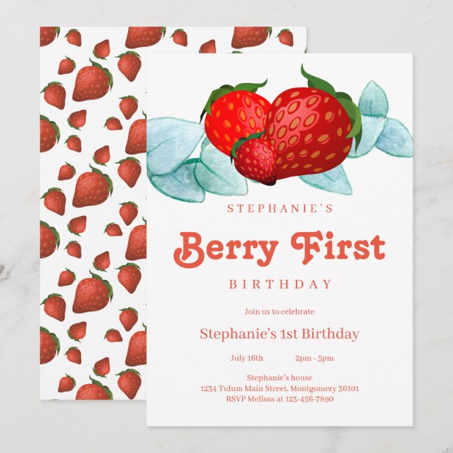Berry First 1. Geburtstag Party Einladung (Vorne/Hinten)