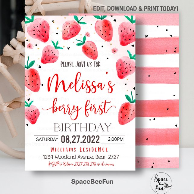 Berry First Birthda Invitation Anniversaire fraise (Strawberry invite,First Birthday,Evite Electronic,Text Message,modern Berry,1st girl,Strawberry Part)