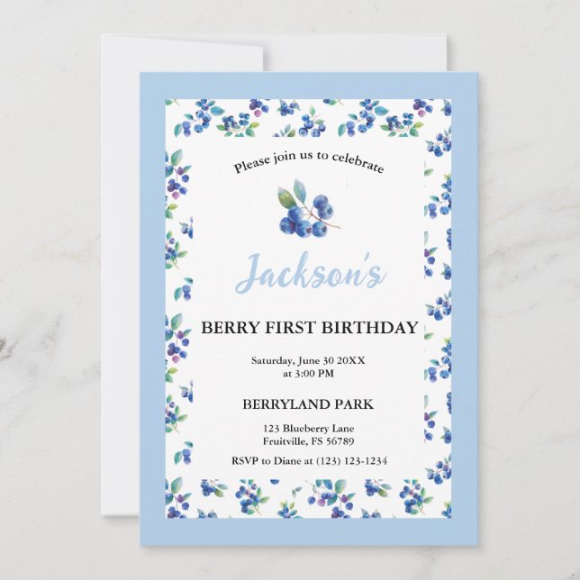 Berry First Birthday Blueberry Gingham Invite Einladung (Vorderseite)