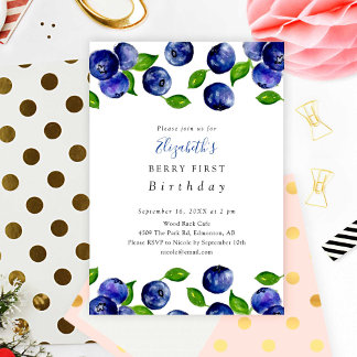 Berry First Birthday Blueberry Watercolor Elegante Einladung
