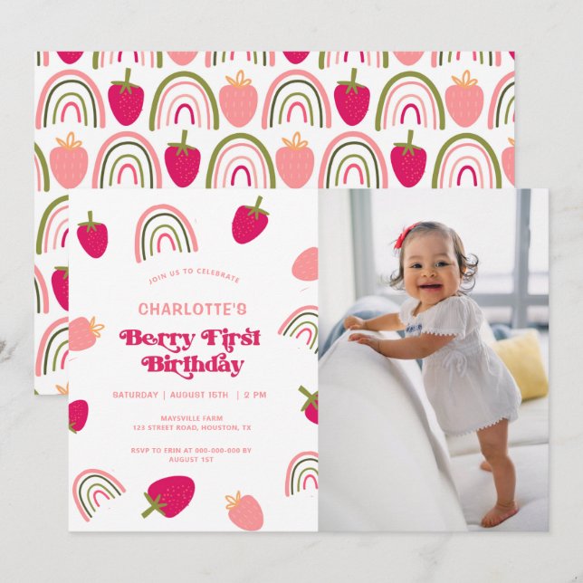 Berry First Birthday Boho Rainbow Foto Einladung (Vorne/Hinten)