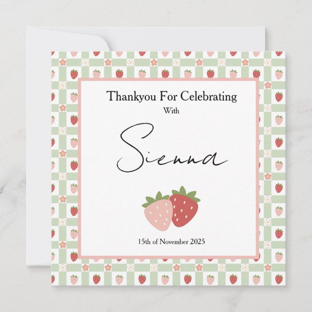 Berry First Birthday Customisable Gingham Print  Dankeskarte (Vorderseite)