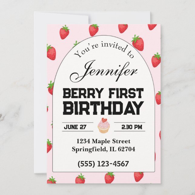 Berry First Birthday Einladung Strawberry Einladun (Vorderseite)