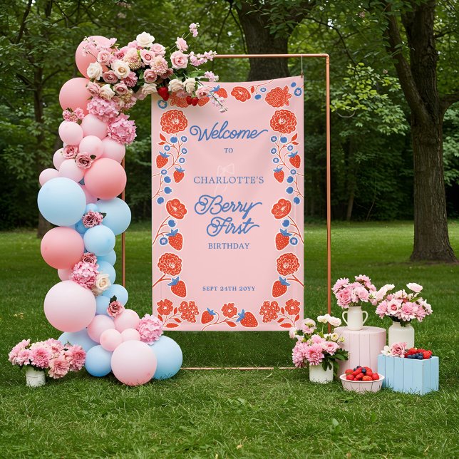 Berry First Birthday Floral Strawberry Willkommen Banner (Berry First Birthday Floral Strawberry Welcome Banner)