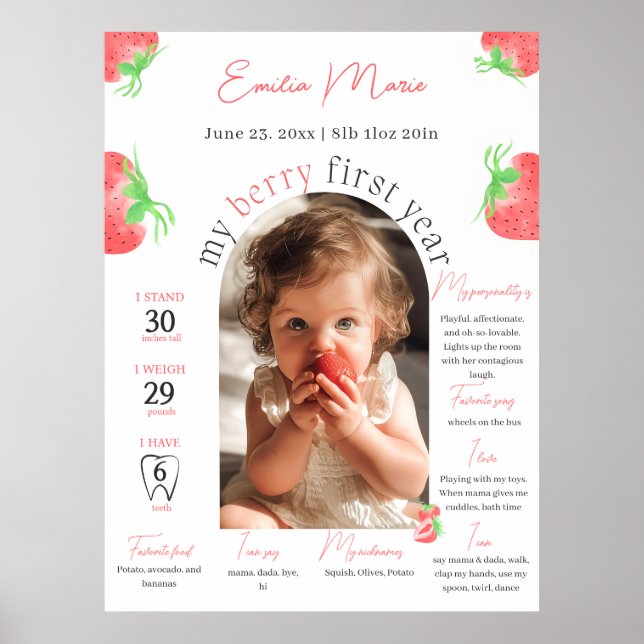 Berry First Birthday Foto Poster Template 1 Kind (Vorne)