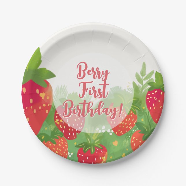 Berry First Birthday Girls Strawberry 1. Pappteller (Vorderseite)