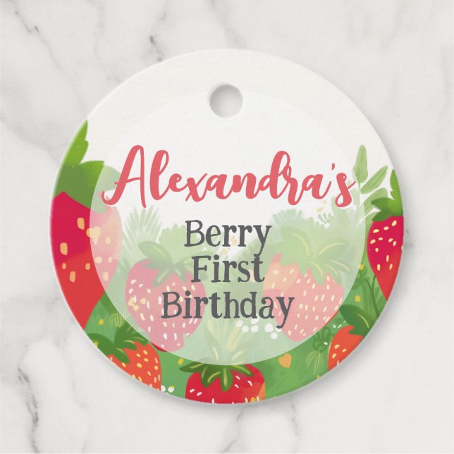 Berry First Birthday Girls Strawberry Personalisie Geschenkanhänger (Vorderseite)