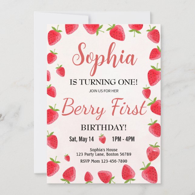 Berry First Birthday Invitation Invitation fraise (Devant)