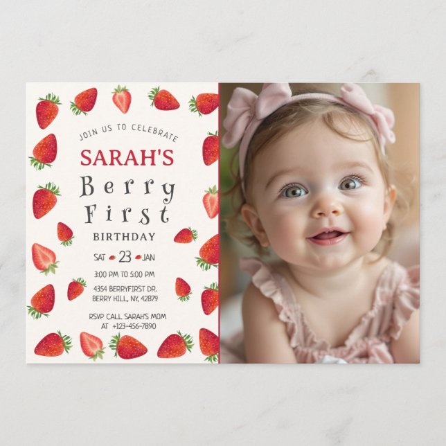 Berry First Birthday Invitation Photo Red Gingham (Devant)