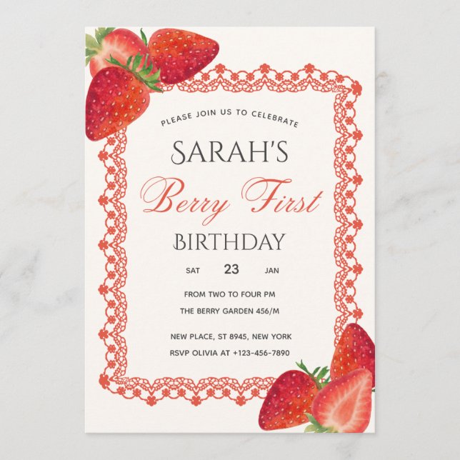 Berry First Birthday Invitation Red Lace Photo (Devant)