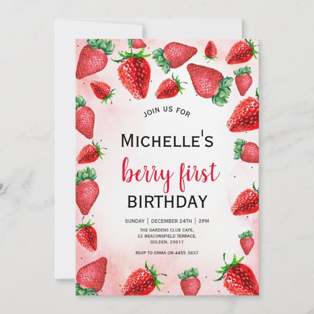 Berry First Birthday Invite, Strawberry Birthday Einladung (Vorderseite)