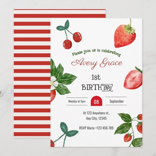 Berry First Birthday Niedlich Berries & Strawberri Einladung (Vorne/Hinten)