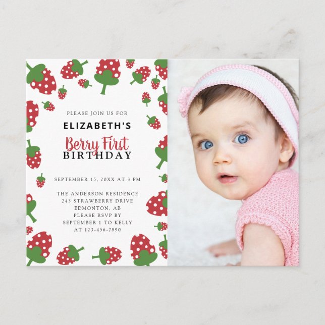 Berry First Birthday Niedlich Strawberry Foto Einl Postkarte (Vorderseite)