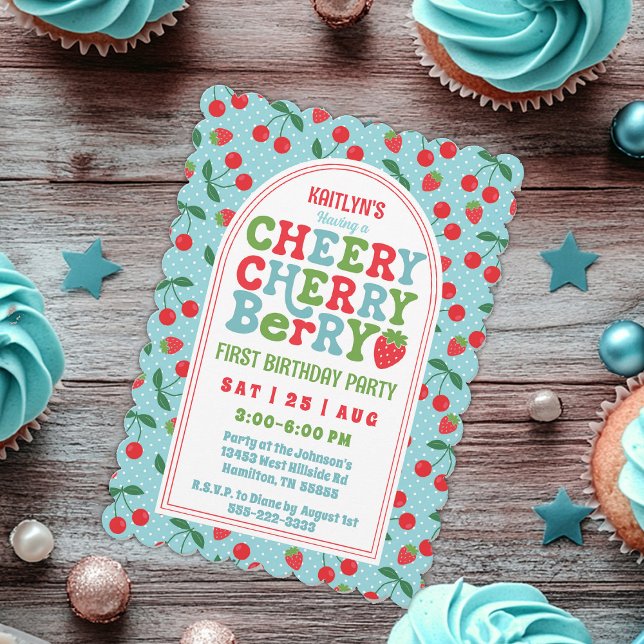 Berry First Birthday Party Foto Einladung (Cute Whimsical First Birthday Invitation Cheery Cherry Berry Scalloped Invitation)