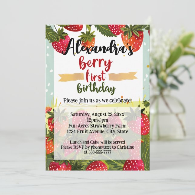 Berry First Birthday Party Girls Strawberry 1. Einladung (Stehend Vorderseite)
