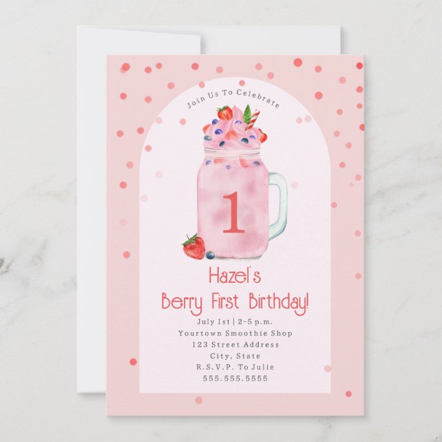 Berry First Birthday Party Smoothie Pink Einladung (Vorderseite)
