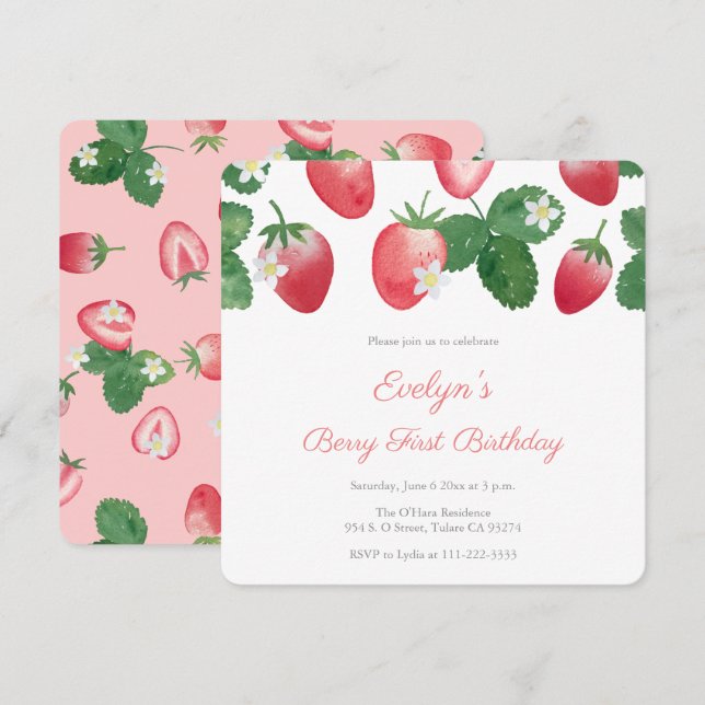Berry First Birthday Party Strawberries Einladung (Vorne/Hinten)