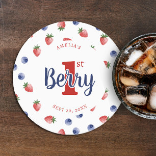 Berry First Birthday Party Strawberry & Blueberry Runder Pappuntersetzer