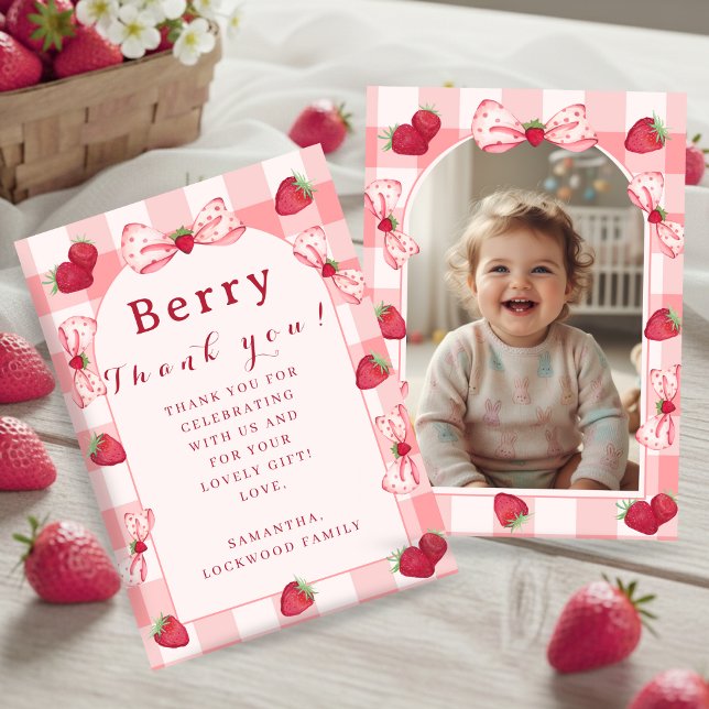 Berry First Birthday Photo Bow Thank You Card (Berry First Birthday Thank You Photo Bows Flat Card)
