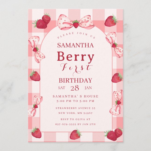 Berry First Birthday Photo Red Gingham Bows Arch (Vorderseite)