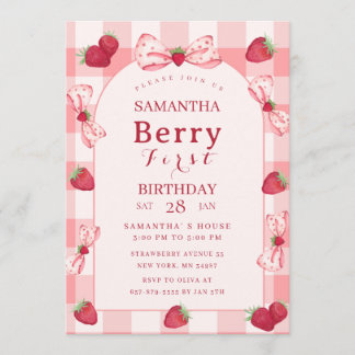 Berry First Birthday Photo Red Gingham Invitation