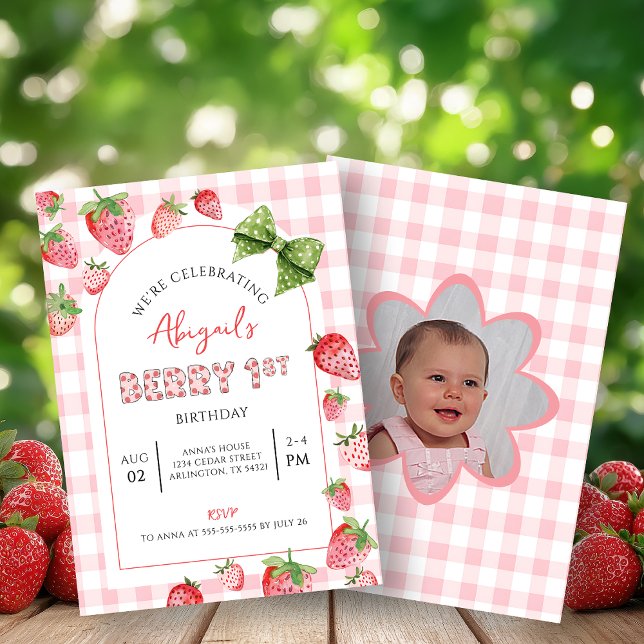 Berry First Birthday Pink Gingham Photo Invitation Einladung (Von Creator hochgeladen)