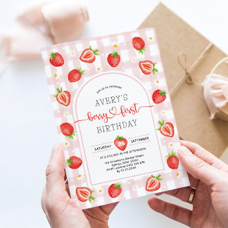 Berry First Birthday | Pink Gingham Strawberry Einladung