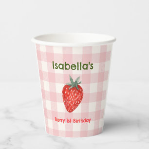 Berry First Birthday Pink & Kariert Paper Cups Pappbecher
