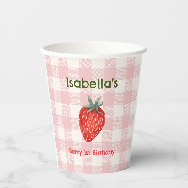 Berry First Birthday Pink & Kariert Paper Cups Pappbecher (Vorderseite)