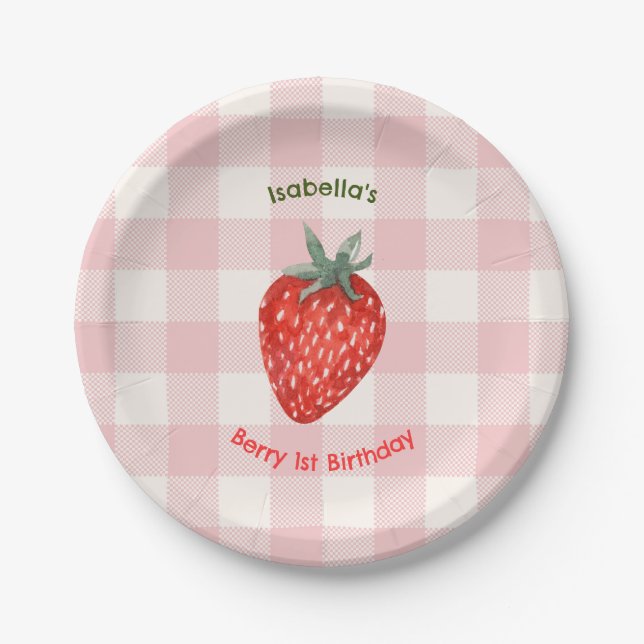 Berry First Birthday Pink & Kariert Paper Teller (Vorderseite)