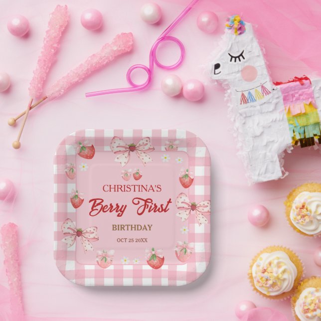 Berry first birthday pink strawberry gingham pappteller (Party)