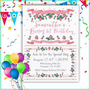 Berry First Birthday Pink White Strawberry Einladung
