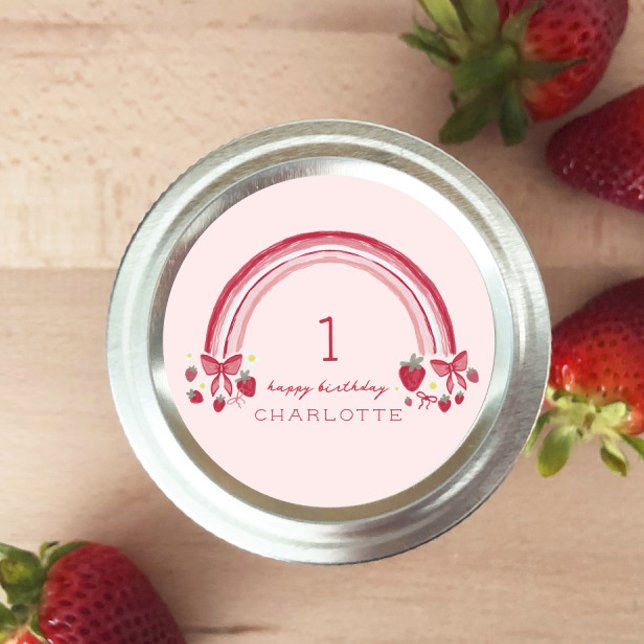 Berry First Birthday Rainbow Strawberry Bows Runder Aufkleber (Von Creator hochgeladen)