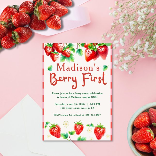 Berry First Birthday - Strawberry 1. Girl-Party Einladung (Sweeten your celebration with this adorable “Berry First Birthday” invitation!)