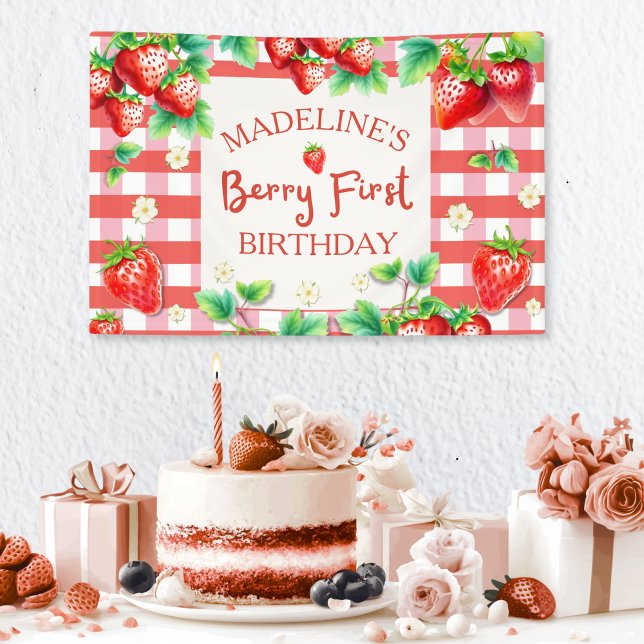 Berry First Birthday - Strawberry 1st B Banner (berry sweet girl birthday party)