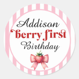 Berry First Birthday Strawberry and bow Runder Aufkleber