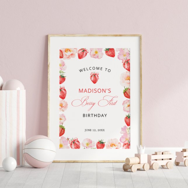 Berry First Birthday Strawberry Bow Welcome Poster (Von Creator hochgeladen)