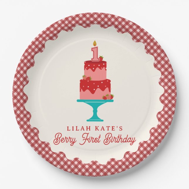 Berry First Birthday Strawberry Cake Pappteller (Vorderseite)