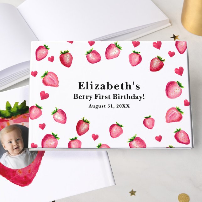 Berry First Birthday Strawberry Custom Photo  Gästebuch (Von Creator hochgeladen)