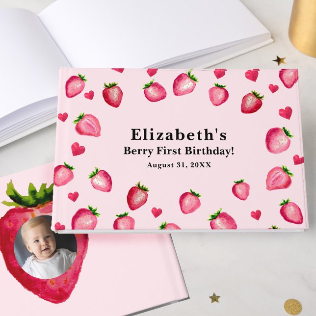 Berry First Birthday Strawberry Custom Photo Gästebuch (Von Creator hochgeladen)