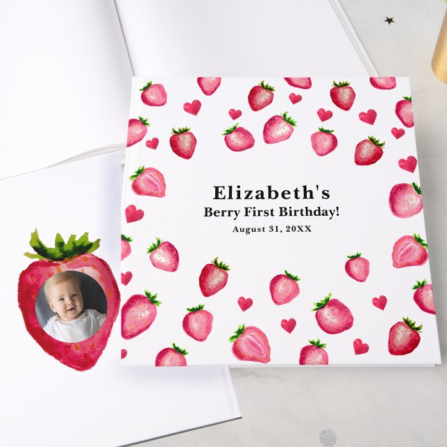 Berry First Birthday Strawberry Custom Photo Gästebuch (Von Creator hochgeladen)