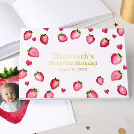 Berry First Birthday Strawberry Custom Photo Gold Gästebuch