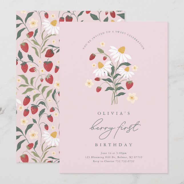 Berry First Birthday Strawberry Einladung (Vorne/Hinten)