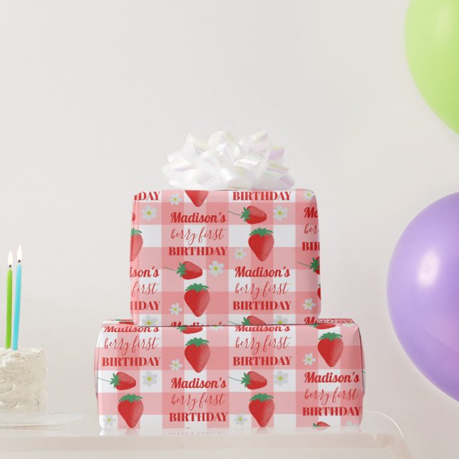 Berry First Birthday Strawberry Erster Name Geschenkpapier (Partygeschenke)