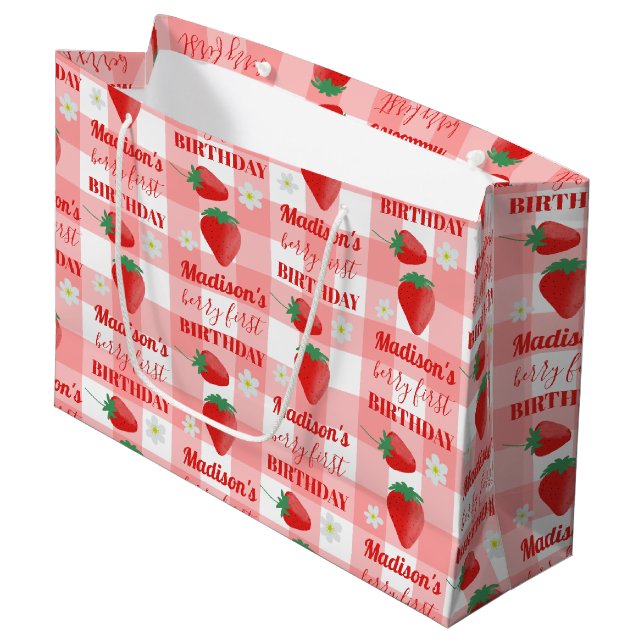Berry First Birthday Strawberry Erster Name Große Geschenktüte (Vorderseite Schrägansicht)