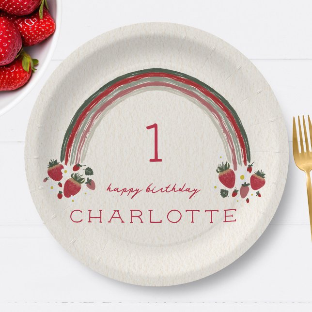 Berry First Birthday Strawberry Floral Rainbow Pappteller (Von Creator hochgeladen)