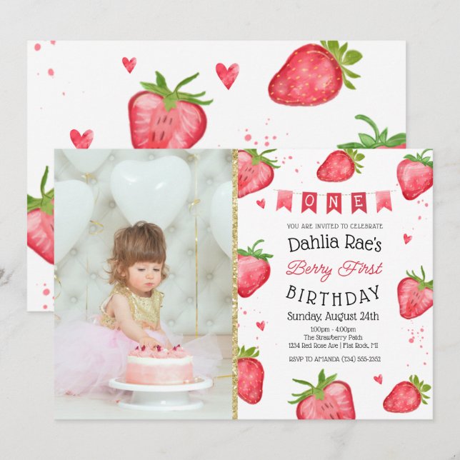 Berry First Birthday Strawberry Foto Einladung (Vorne/Hinten)