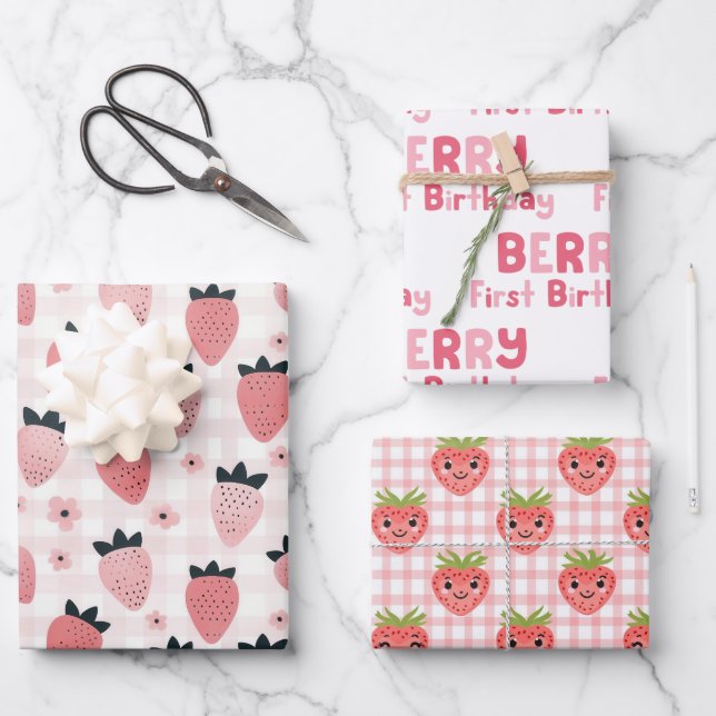 Berry First Birthday Strawberry Geschenkpapier Set (Vorderseite)